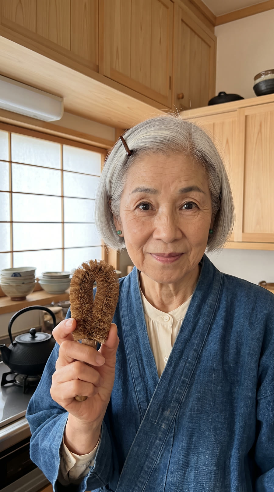 Grandma Haru in her kitchen, holding a tawashi scrubbing brush