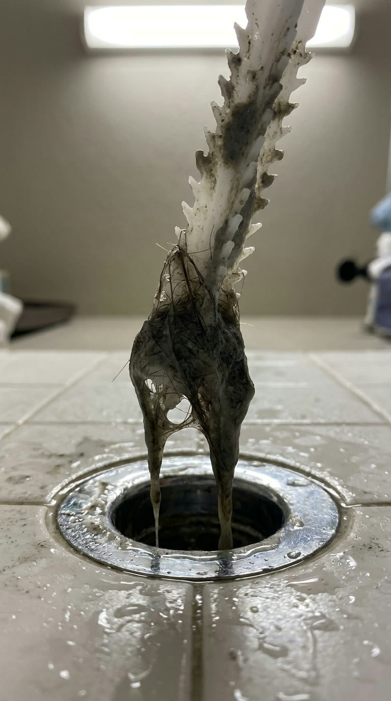 A barbed plastic strip pulling a slimy clump of hair up out of a chrome shower drain