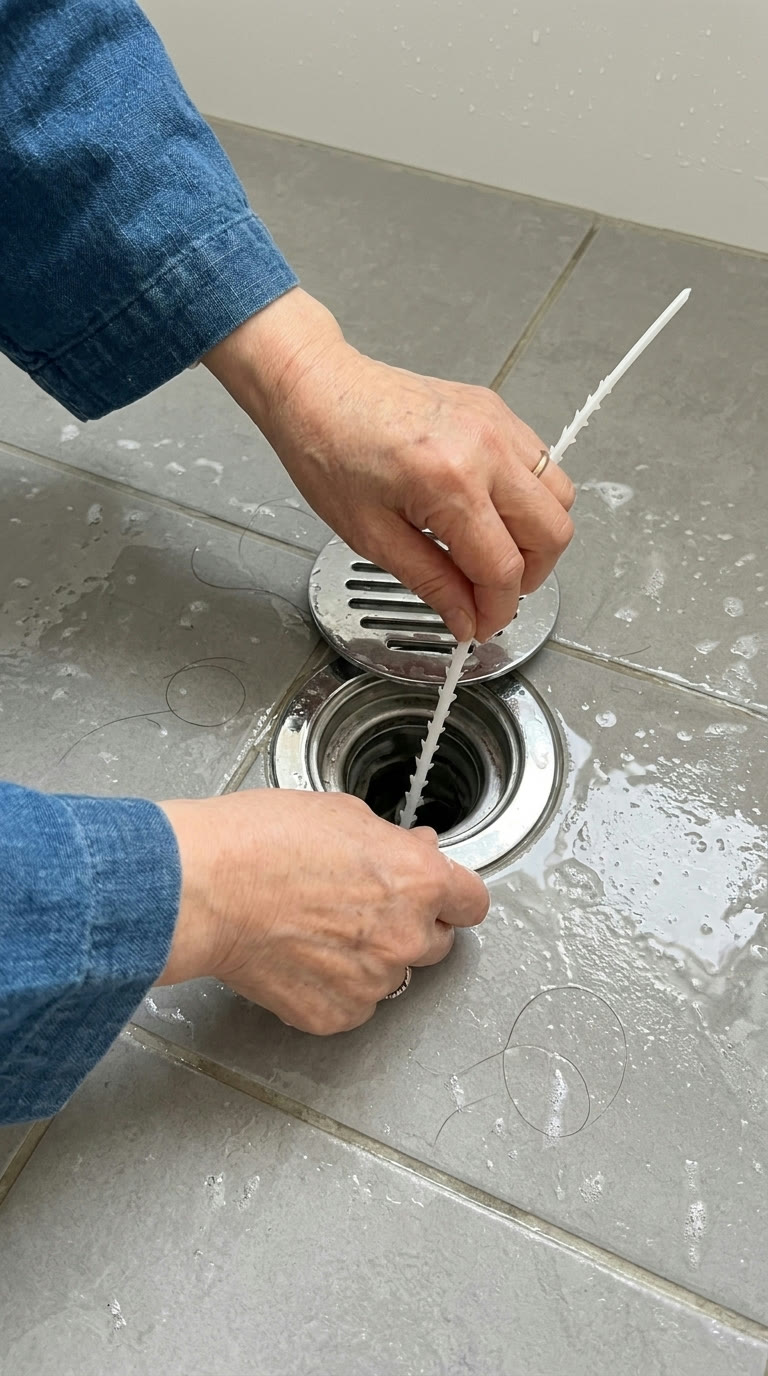 Haru's hands feeding a barbed plastic strip into a shower drain