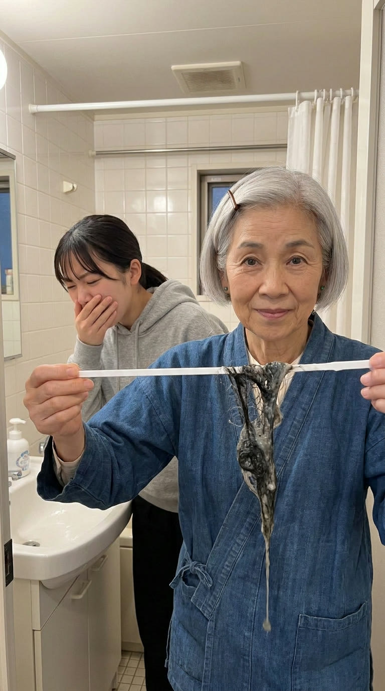 Grandma Haru holding up a dripping hair clog pulled from the drain, her granddaughter gagging behind her